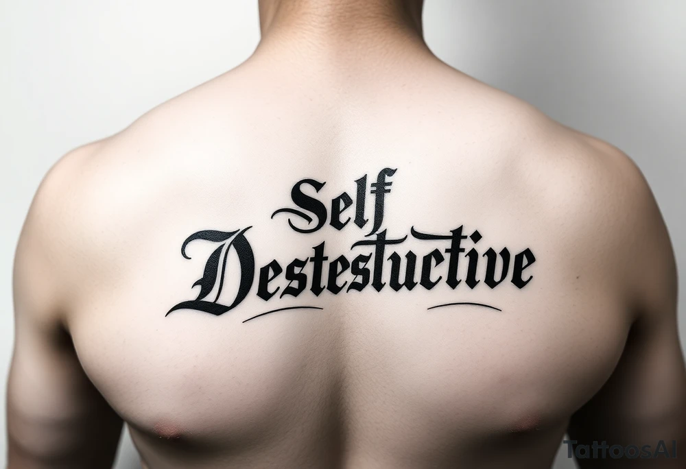 The words Self Destructive in a Chicano/old english lettering across the chest tattoo idea