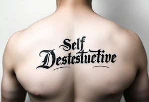 The words Self Destructive in a Chicano/old english lettering across the chest tattoo idea