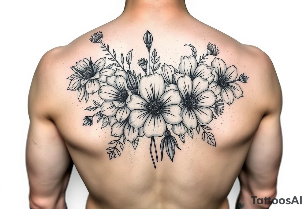 A bouquet of birth flowers for the months of January , February,  March, April,  May, June, August tattoo idea