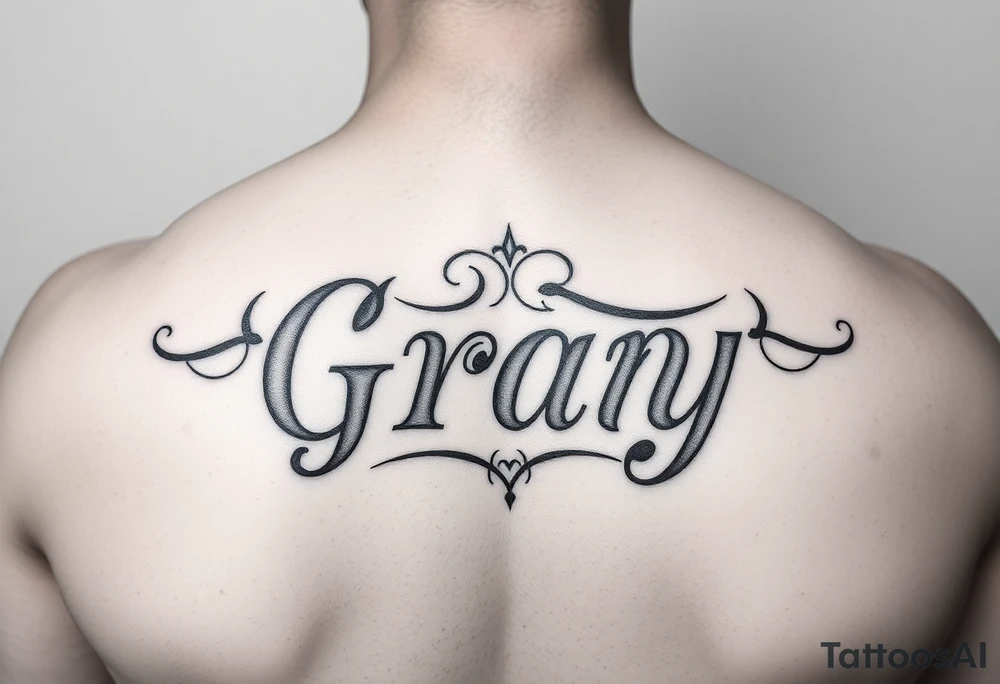Tattoo design with the concept of our last name "Gray" with all our first names incorporated into it. "Bradley, Ashleigh, Penelope, Lennon". tattoo idea