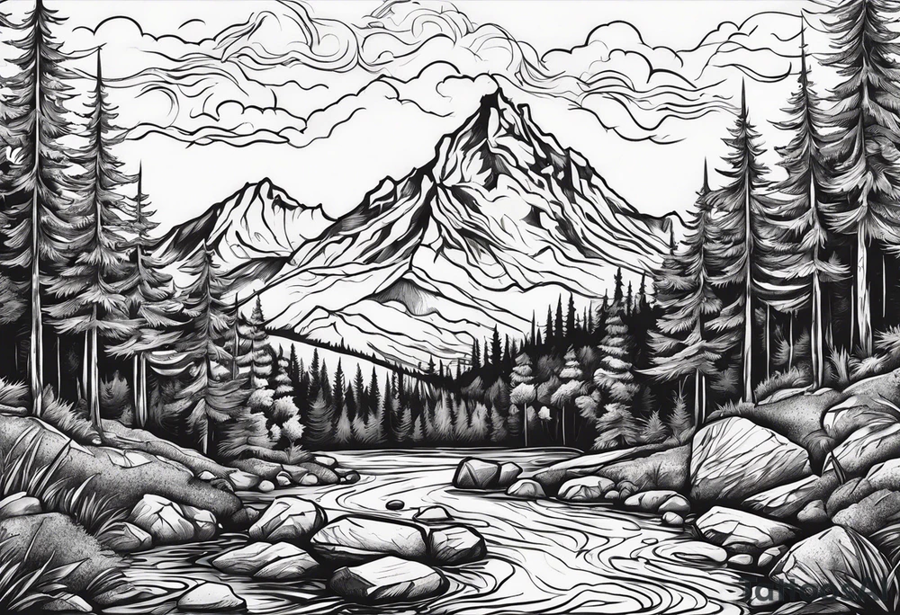 Small campfire in the forest where flow a small mountain stream tattoo idea