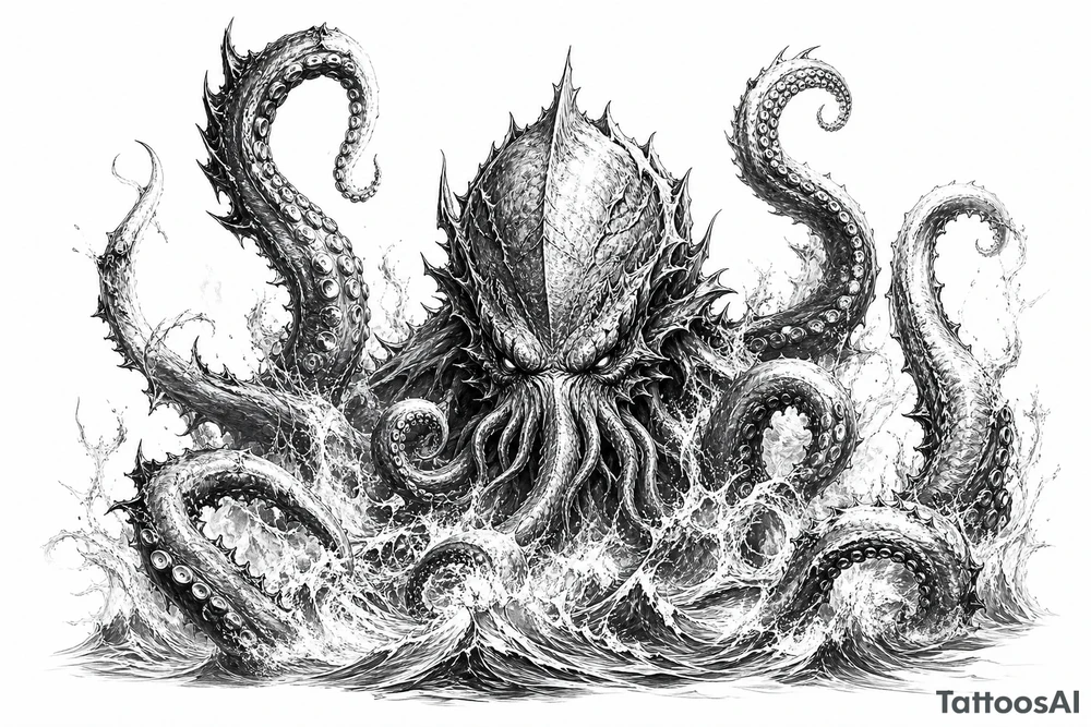 A powerful kraken-like water demon, tentacles emerging from stormy waves. tattoo idea