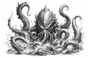 A powerful kraken-like water demon, tentacles emerging from stormy waves. tattoo idea