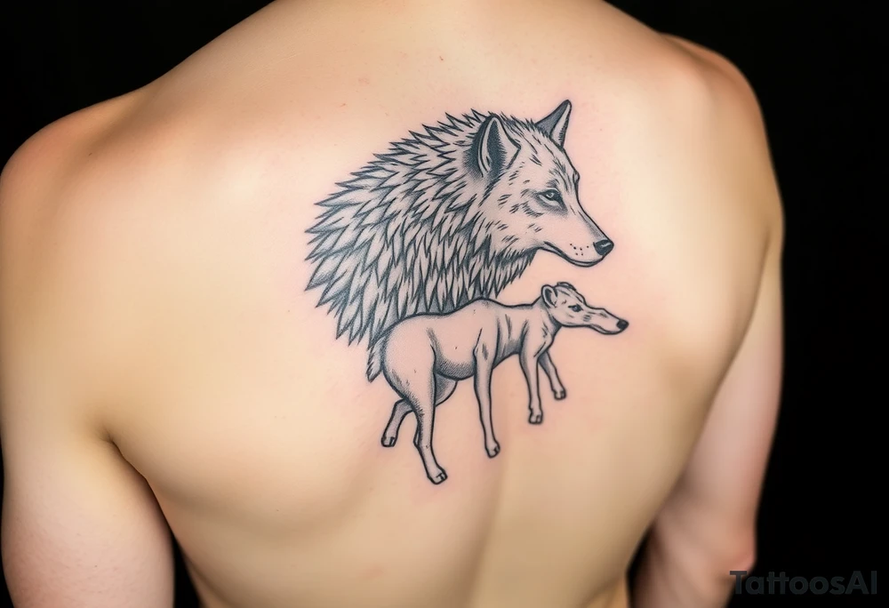 A solitary yet sublime and noble wolf and its progeny. tattoo idea