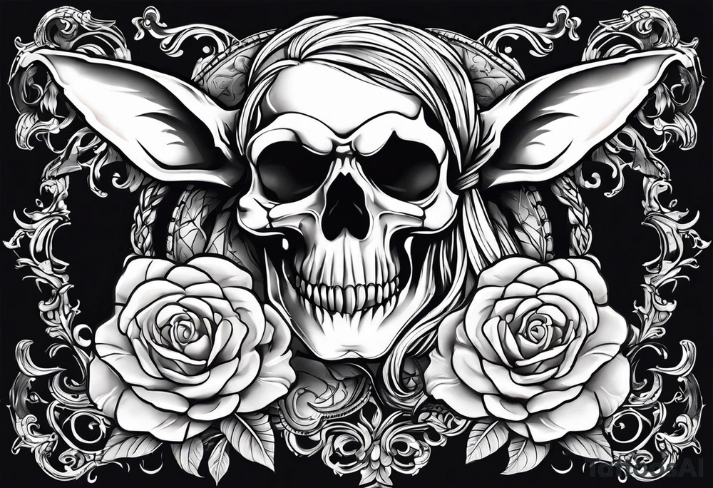 Skull and cross bones with blonde pig pig tail buns tattoo idea