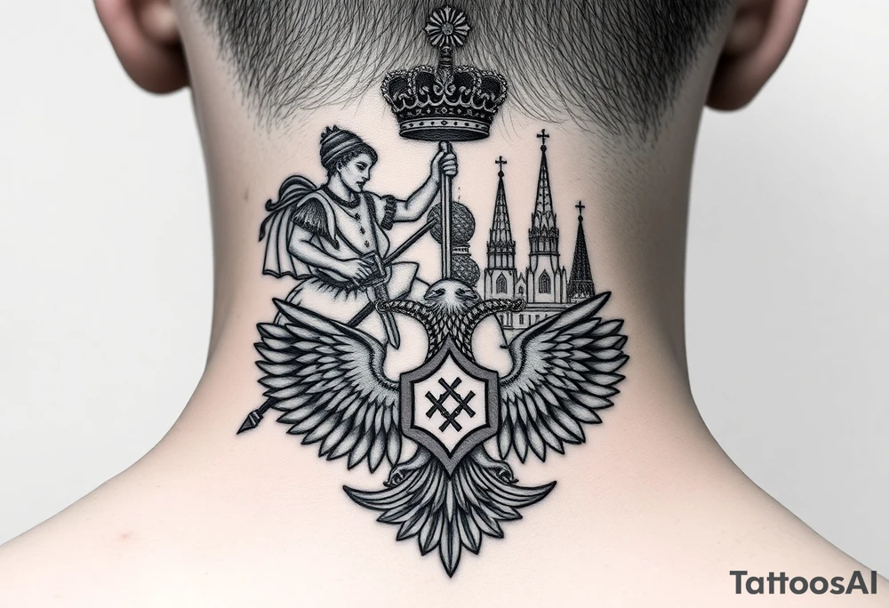 St. George slaying the dragon (hugely common in Russian Orthodox art)
Russian imperial crown above the eagle
Crossed swords or a Russian sabre
The Kremlin or St. Basil's Cathedral scene tattoo idea