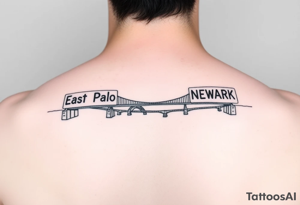 East Palo city sign and Newark city sign on opposite sides of a bridge going across water in California tattoo idea