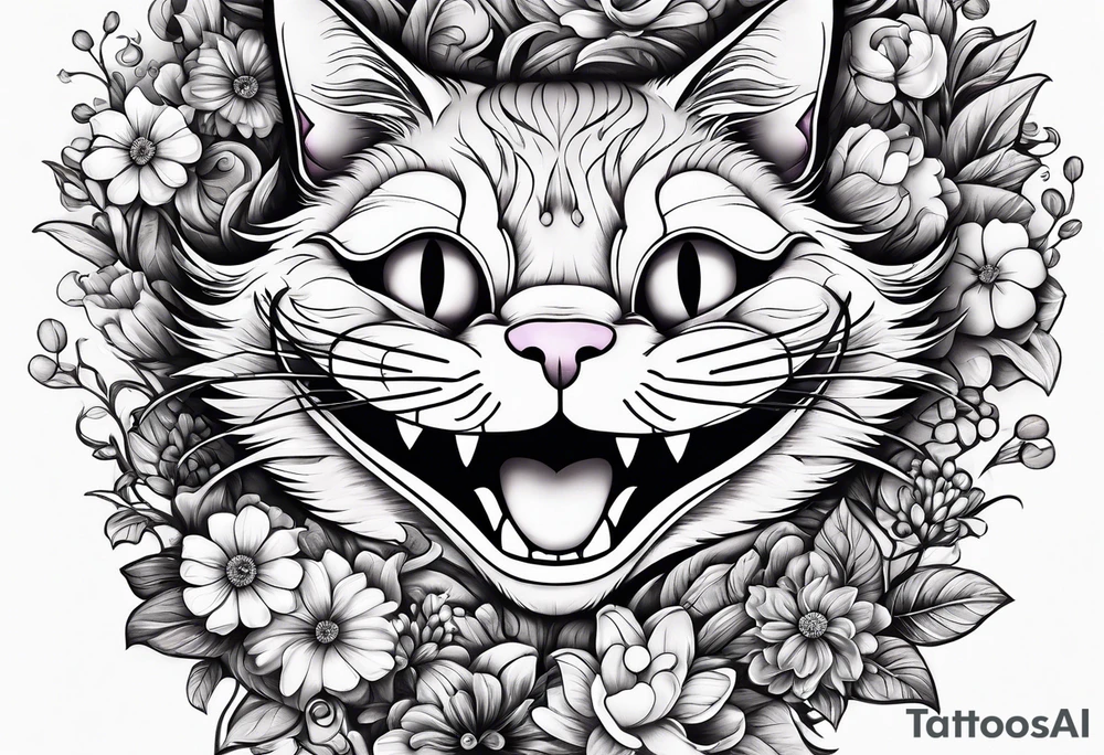 cheshire cat in wonderland among flowers made of candy and glass butterflies tattoo idea