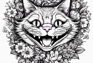 cheshire cat in wonderland among flowers made of candy and glass butterflies tattoo idea