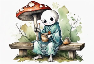 a kodama wearing a mushroom hat and a medieval tunic drinking from a wood cup, sitting on a bench laughing tattoo idea