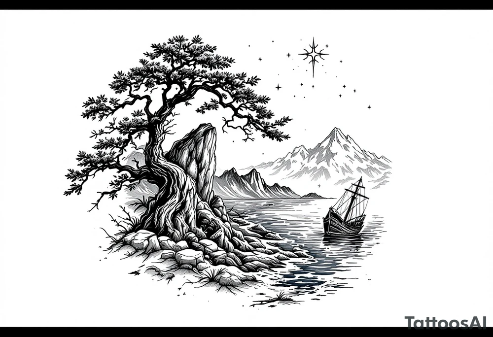 tattoo that has an acacia tree with mountains, ocean with a ship wreck and the northern star tattoo idea