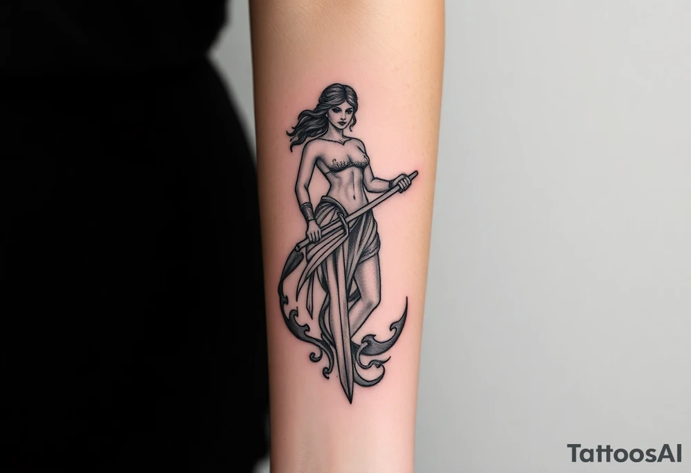 Greek goddess warrior with long dagger and realistic lighting bolts going around body Greek mythology style with dark shading and designs all around tattoo idea