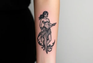 Greek goddess warrior with long dagger and realistic lighting bolts going around body Greek mythology style with dark shading and designs all around tattoo idea