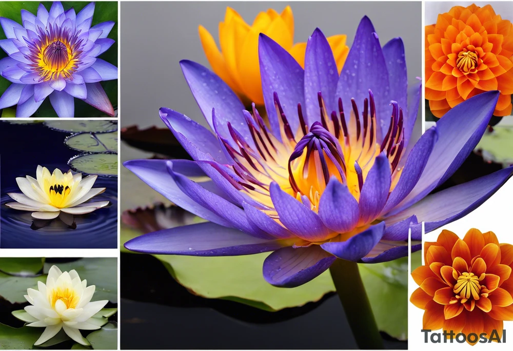 Design a tattoo Centerpiece: Blue and purple Water Lily: Place this at the center, its petals elegantly spread, symbolizing serenity. Place a blue butterfly resting on the waterlily Orange Marigold: Positioned to one side of and below the water lily, with vibrant petals, and a small bumblebee buzzing nearby. Purple Gladiolus: Tall and striking, place these on one side and above the water lily cascading slightly for a natural look. Purple Iris: Integrate these on the opposite side and above the water lily, their unique shape adding depth and contrast. Pink Rose: Position this slightly below the water lily with its delicate petals and gentle curves. Interweave around the water lily, Marigold and rose christmas holy vine with dark green leaves and red berries Vine and Leaves: Use flowing vines that interweave between the flowers, creating a cohesive look. Add leaves that vary in size and shape for a naturalistic tattoo idea