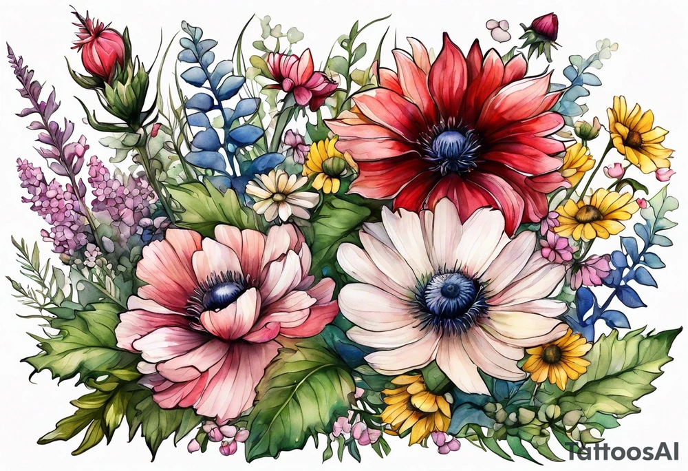 wildflowers cascading with thistles, ferns, white anemones, sun flowers, buttercups, pink flowers, red flowers, babys breath and daisies all in watercolor tattoo idea