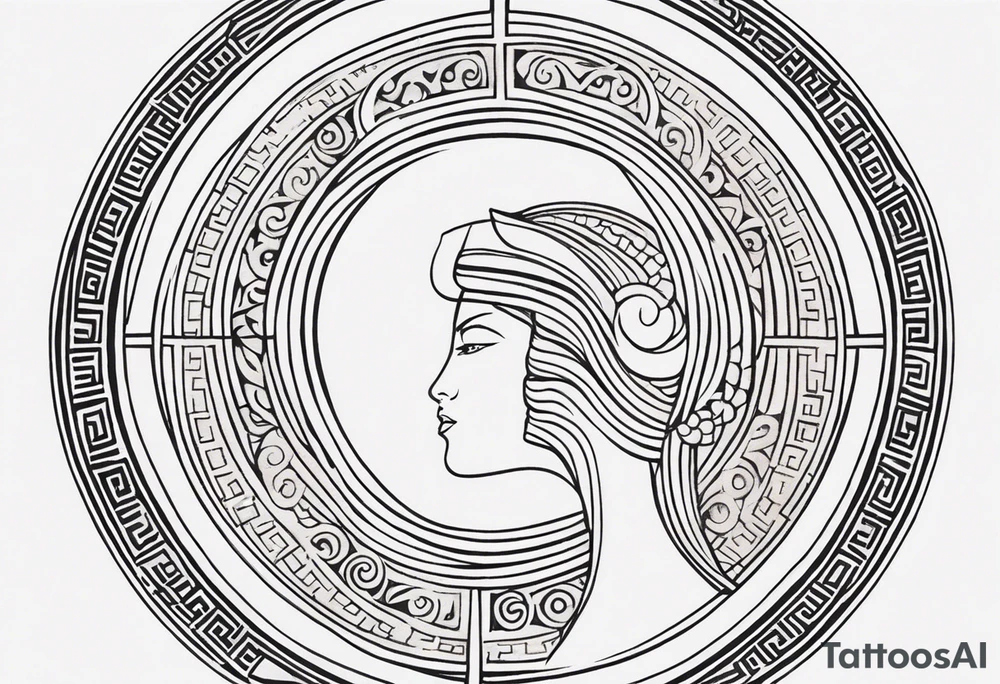"Craft a minimalist round tattoo inspired by ancient Greek art, featuring Clio, the muse of history. Design a circular composition with Clio depicted in the center, holding a scroll. Surround her with simple yet symbolic elements such as laurel wreaths, scrolls, or geometric patterns reminiscent of ancient Greek pottery. Ensure the design maintains a minimalist style, with clean lines and limited detail, while capturing the essence of Clio's affinity for knowledge and the arts within the circular frame." tattoo idea