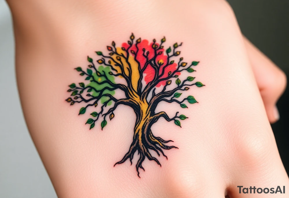 Vibrant tree of life Jamaican and Irish colours tattoo idea