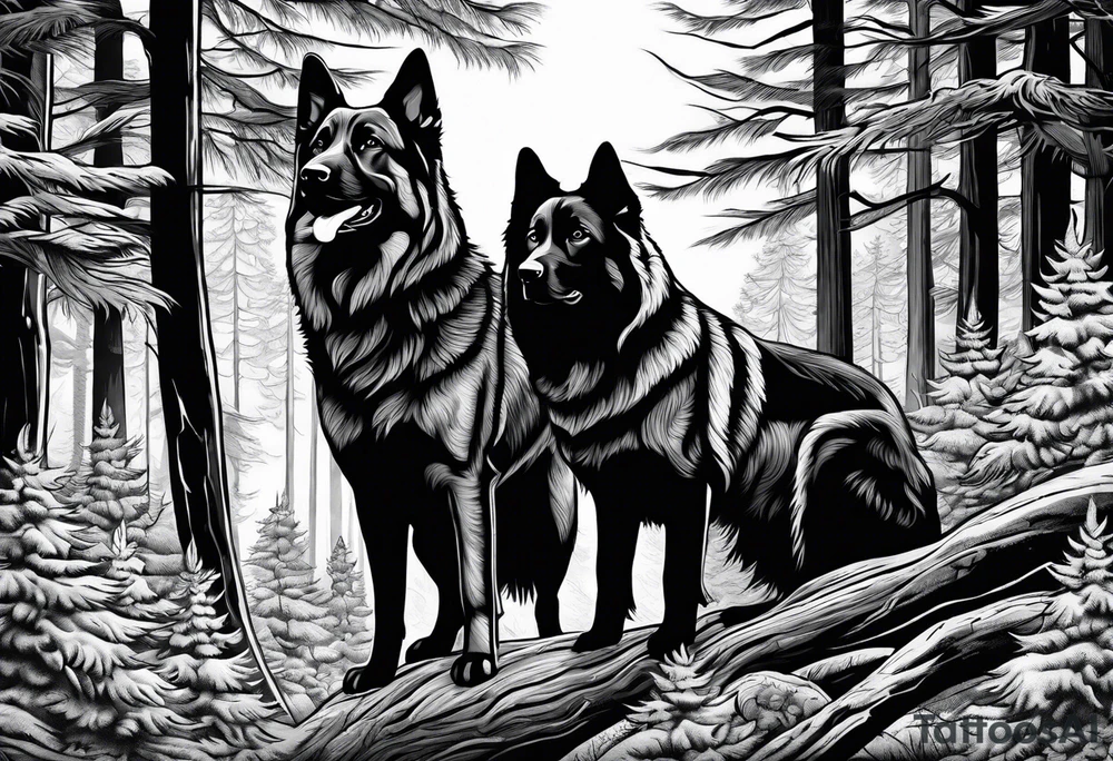 two norwegian elkhounds guarding a dark forest tattoo idea