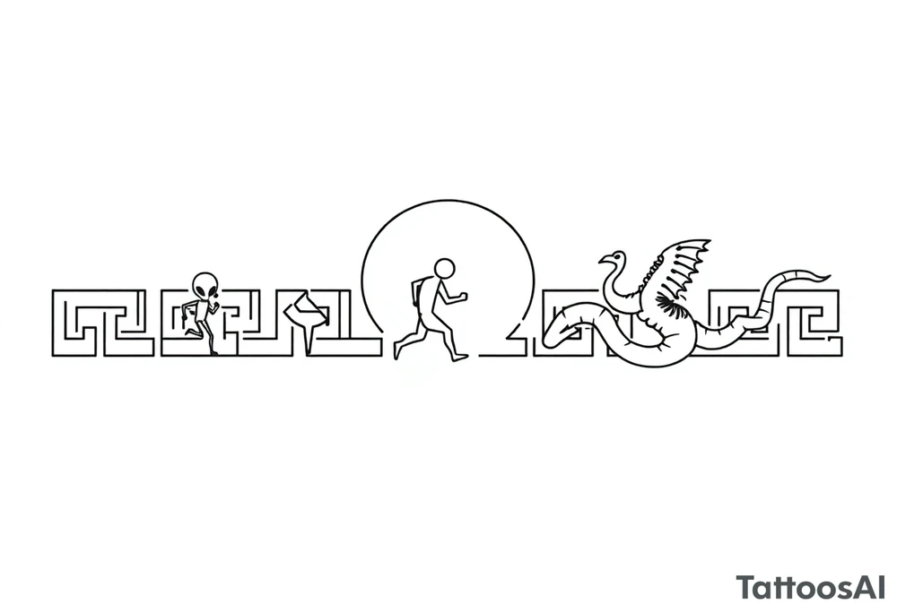 "Ultra-thin horizontal black line tattoo design (ratio 20:1), 1px precise line art. Greek meander pattern with integrated minimalist symbols:  
- ◍ Red sun (3mm, 4 sharp rays)  
- ▷◁ Running person (angular, 3 lines)  
- △◯△ Alien (geometric, 2mm height)  
- ⋎⋏ Dragon (zigzag, 4 spikes)  

Критические требования:  
1. All symbols MUST connect to the main meander line — no floating elements.  
2. ONLY black lines and red sun (no other colors).  
3. NO shading, NO background, NO realism — pure vector-style art.  
4. Seamless loop for 360° forearm wrap (left and right edges MUST match).  

Style: Ancient Greek pottery meets cyber-minimalism, perfect for laser-cut stencil." tattoo idea