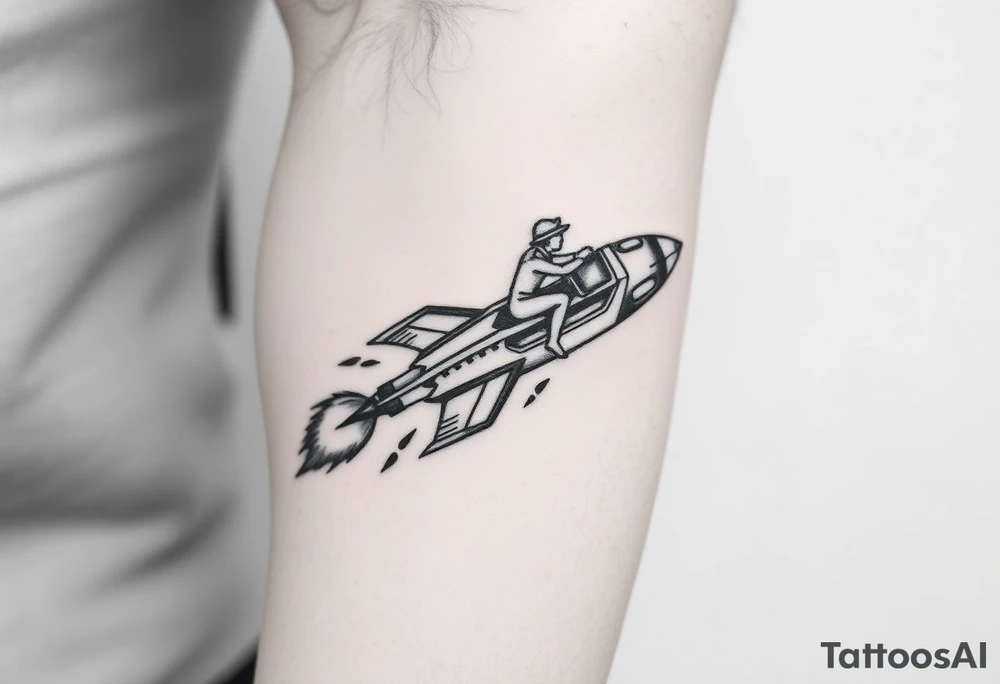 Rocket ship with sparks coming out of the back and someone riding it tattoo idea