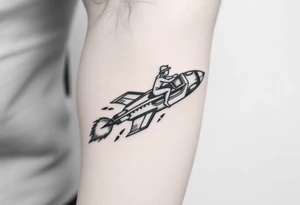 Rocket ship with sparks coming out of the back and someone riding it tattoo idea