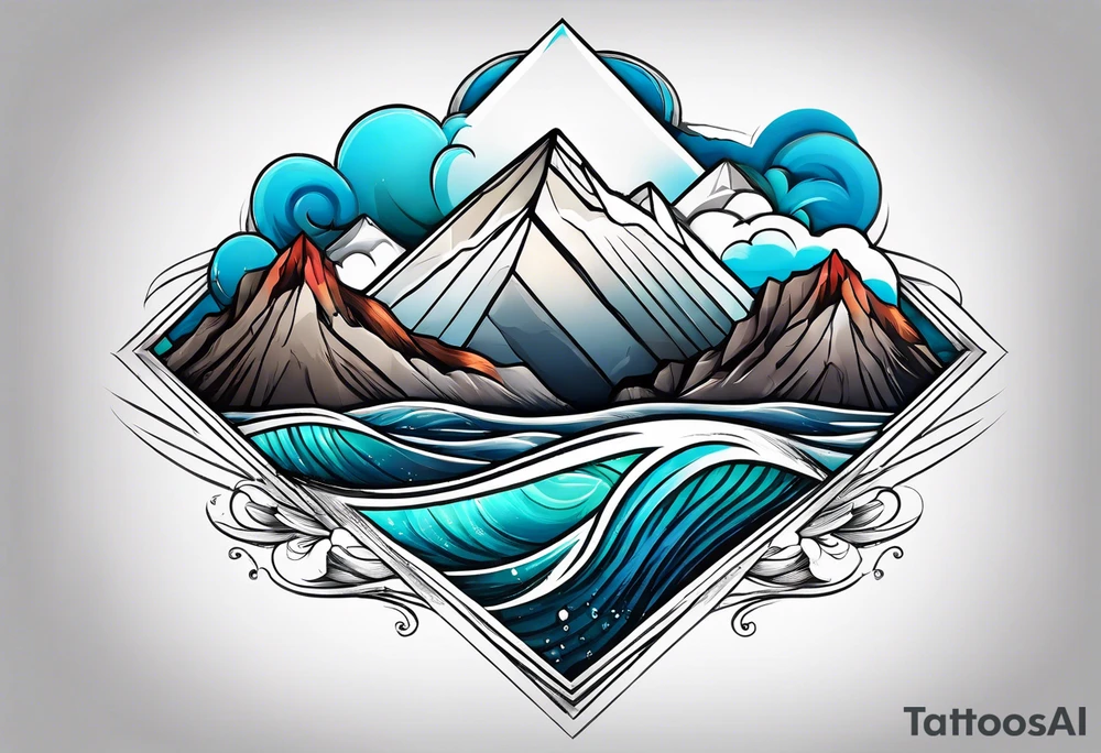 Mountains and big ocean waves  crashing diamond shape half and half tattoo idea