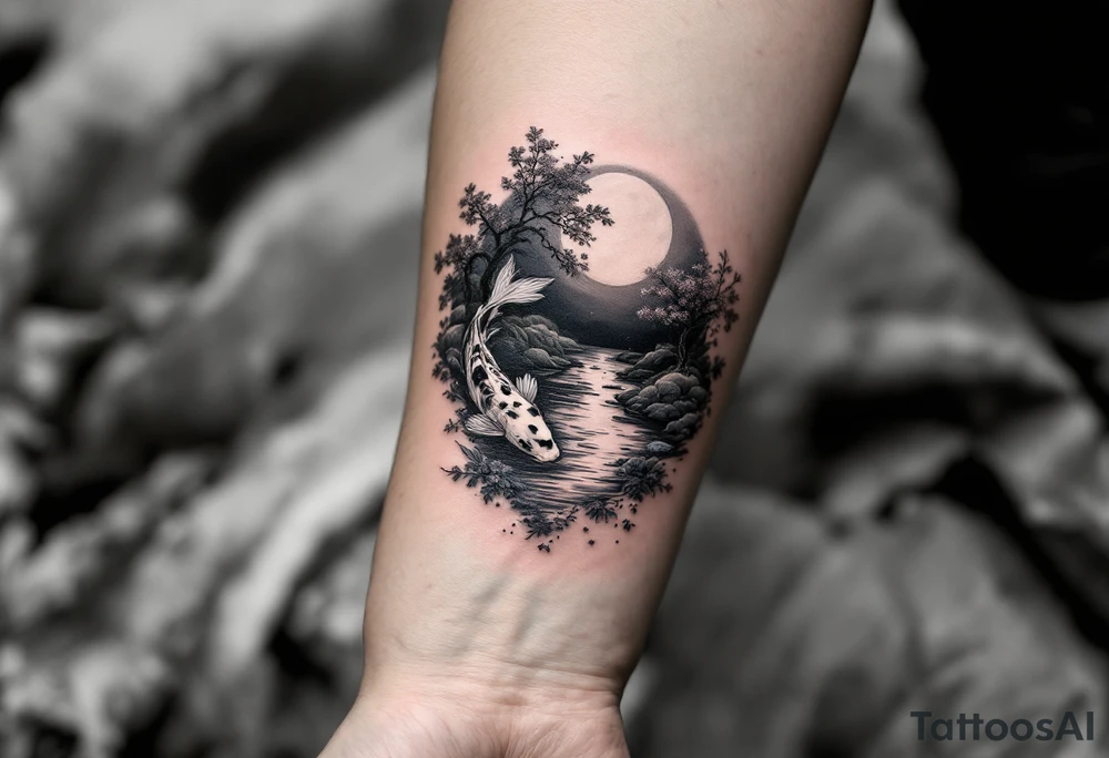 a koi fish swimming upstream in a pond moonlight by the full moon with a sakura tree by the pond tattoo idea