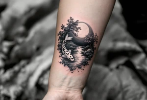 a koi fish swimming upstream in a pond moonlight by the full moon with a sakura tree by the pond tattoo idea