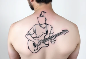 Surrealist tattoo of a Person playing electric guitar with top half of head not showing off and a bird flying out of head tattoo idea