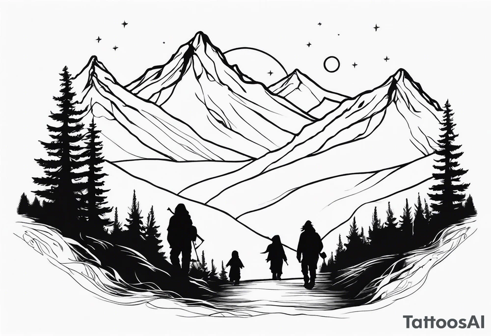 Fellowship of the ring walking with mountains and trees tattoo idea