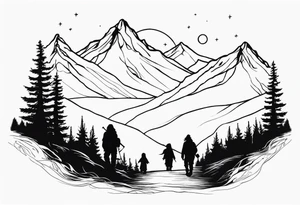 Fellowship of the ring walking with mountains and trees tattoo idea
