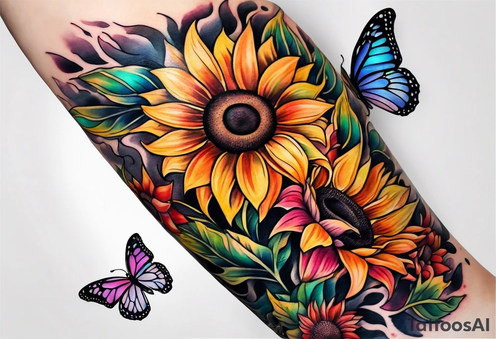 Memorial arm sleeve for mom with rainbow sunflowers and butterflies tattoo idea