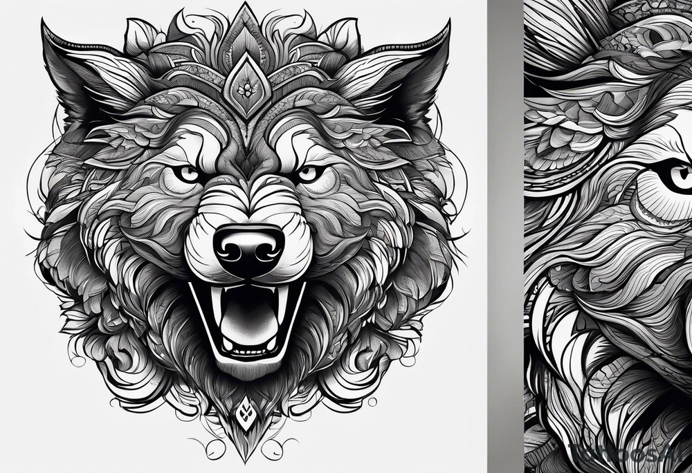 Leão poderoso e majestoso com águia poderosa e observadora juntamente com lobo solitário no braço todo tattoo idea