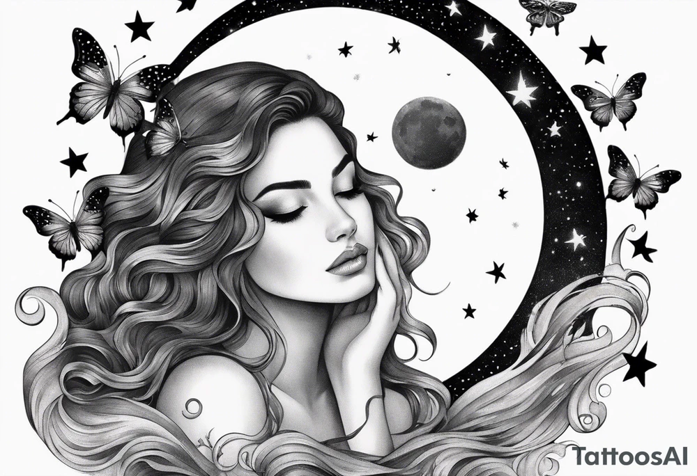 Beautiful woman with butterflies in her long wavy hair sitting on a half moon, with a moon and star background tattoo idea