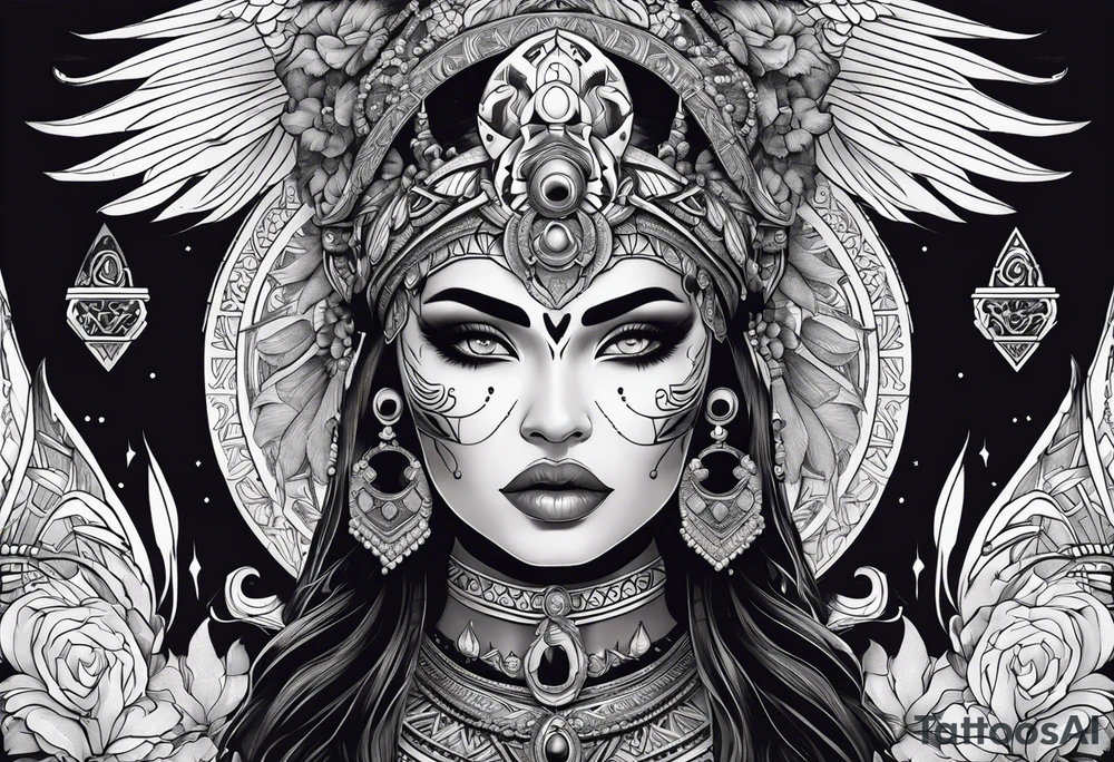 kali ma, alien goddess, valkrye, aries, pirate, divine feminine, zenza resonance, pachamama, lotus azul, blank panther, eagle, skull, 5D, nueva gaya, dna 12 tattoo idea