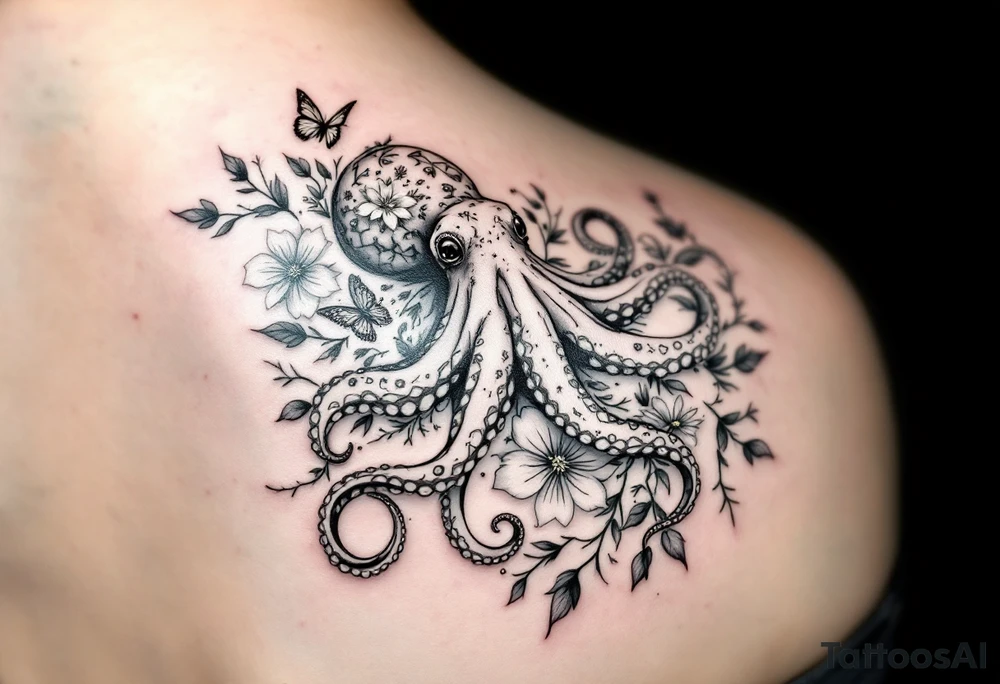 fine-line tattoo, single octopus, flowers butterflies composition, tentacles floral vines, flowing botanical tentacles, sacred geometry, overlapping blossoms body, butterfly wing body, minimalist elegant design, nature-inspired, delicate black grey lines, soft shading, no outlines, outline-free design, floral octopus, botanical sea creature, organic flow, upper arm shoulder placement, light airy feel, poetic minimalism, vine-shaped tentacles, petal tentacle flow, blossom overlapping, wing composition, delicate linework, soft botanical shading, nature creature fusion, minimalist intricacy, elegant simplicity, flowing organic movement, shoulder arm curve, lightweight design, subtle detail work, refined botanical elements, understated complexity, clean minimalist lines, gentle nature fusion tattoo idea