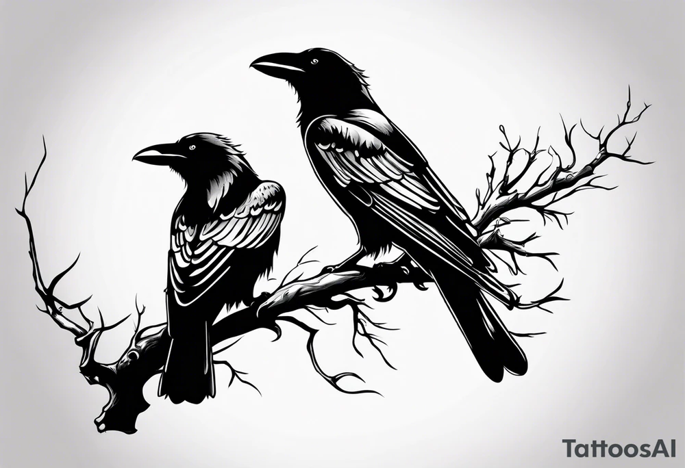 The words Why so serious? With 3 small ravens on a branch tattoo idea