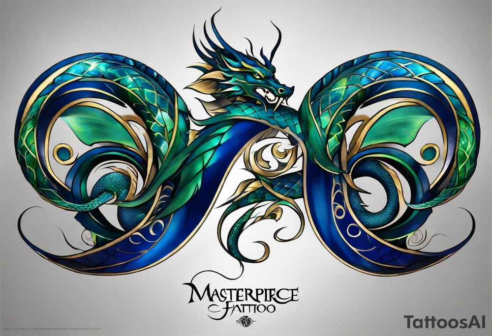 Tribal Tattoo: An epic with no wings, floating. Its long body coiling dynamically, with scales and horns detailed to create a sense of movement and strength. The dragon's main color is midnight blue but features little accents in green, blue, and gold, giving a vibrant depth and a mystical aura. This tattoo highlights the dragon’s fierce expression and sharp claws as it wraps protectively around the leg. Style: Tribal tattoo idea