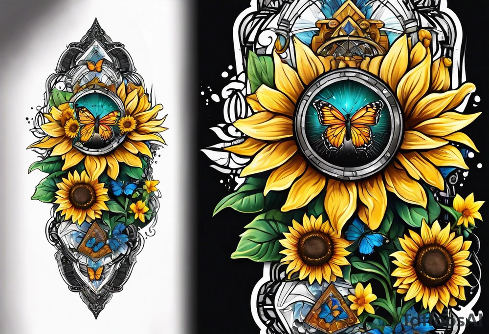 Arm sleeve with Winged cross with sunflower and butterflies tattoo idea