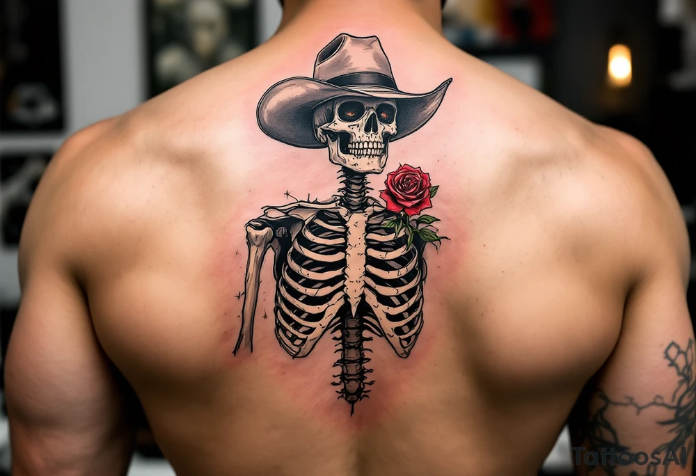 a full body skeleton cowboy with a rose in his mouth. tattoo idea