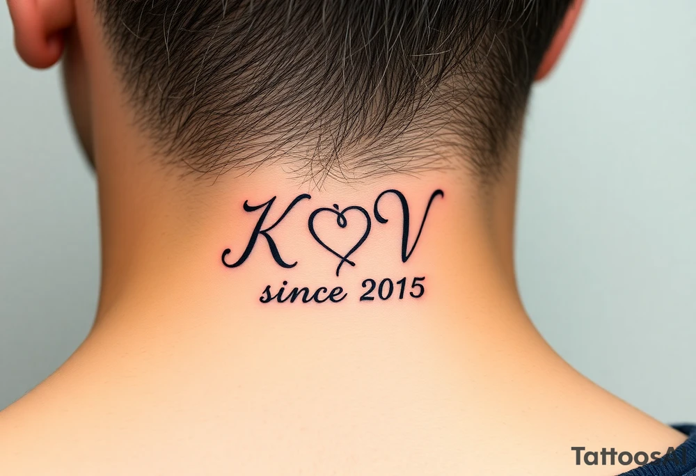 A beautiful calligraphic script of the couple’s initials (K and V), intertwined with a subtle heart-shaped flourish and wedding date (since 2015) tattoo idea