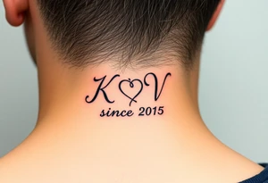 A beautiful calligraphic script of the couple’s initials (K and V), intertwined with a subtle heart-shaped flourish and wedding date (since 2015) tattoo idea
