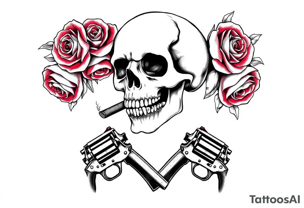 A skull smoking a cigar, entwined with thorny red roses, crossed revolvers below. tattoo idea