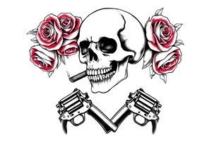 A skull smoking a cigar, entwined with thorny red roses, crossed revolvers below. tattoo idea