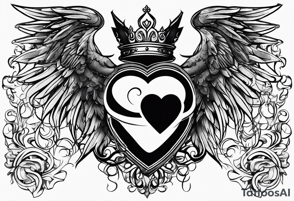 Heart, kings crown and wings tattoo idea