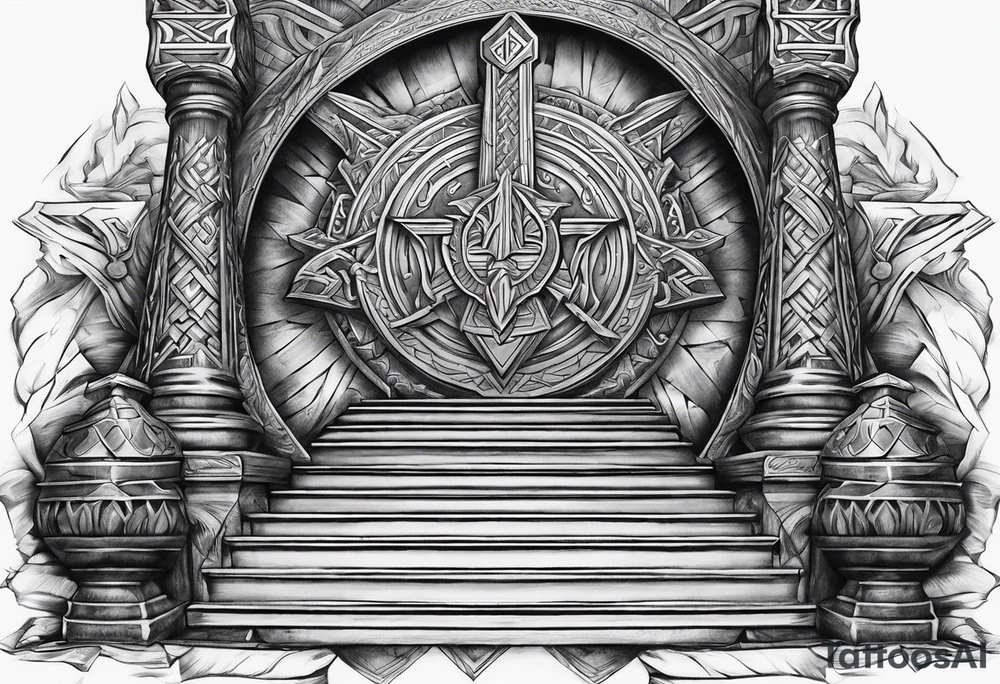 Valhalla sword shield axe Valknut stairs tattoo idea