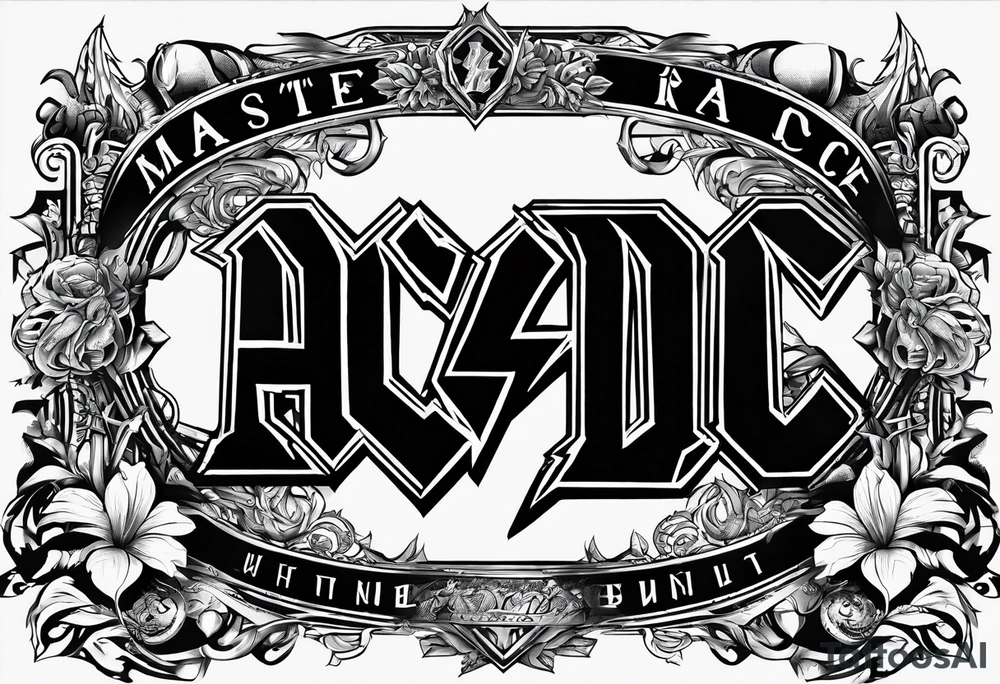 An image that represents the rock band ac/dc. Lyrics from their songs will be behind the image and act as a background tattoo idea