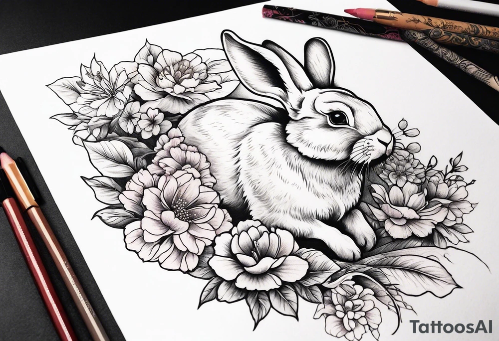 Rabbit and flowers tattoo idea
