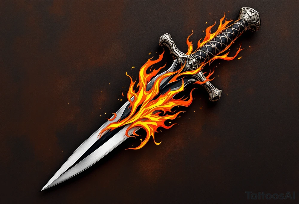 Dagger in Fire – A dagger engulfed in flames of orange, yellow, and red, with the blade in polished steel contrasting against the fiery background. The flames are vivid, wrapping around the dagger in a dynamic motion. tattoo idea