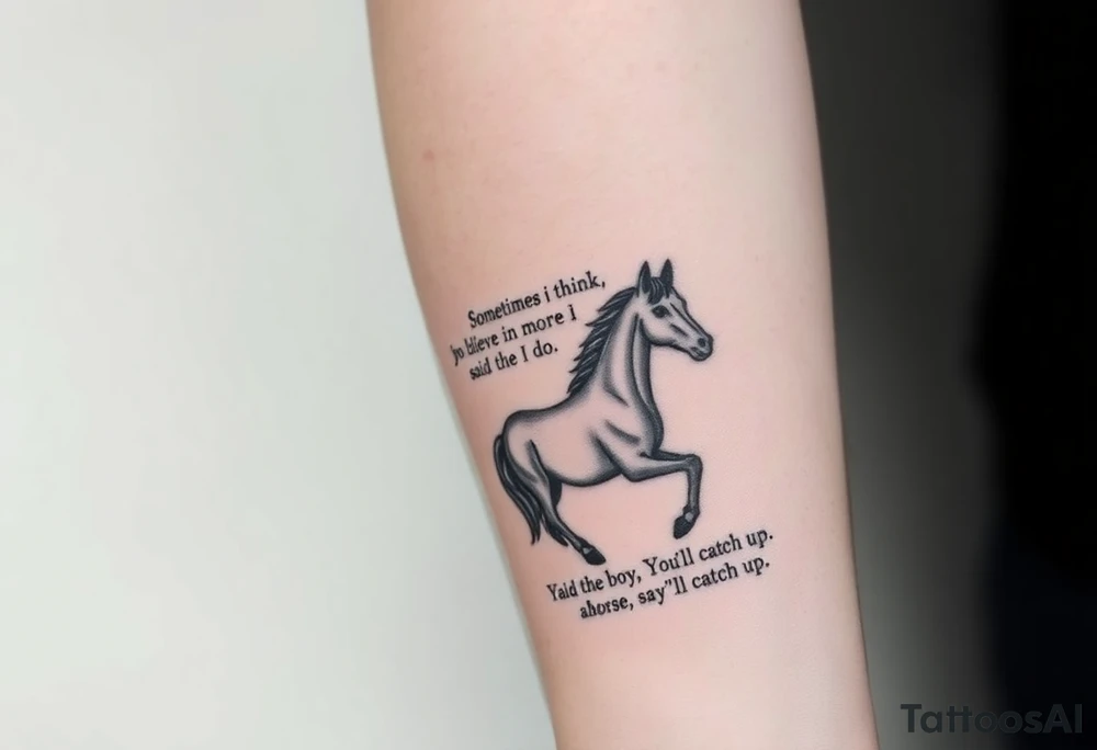Tattoo based on the book the boy, the fox, the mole and the horse that says “sometimes i think you believe in more than I do said the boy.  You’ll catch up says the horse” tattoo idea